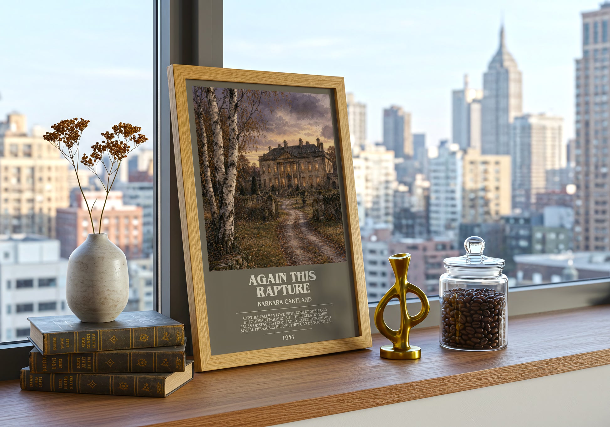 Again This Rapture bookish print framed by window – literary home decor