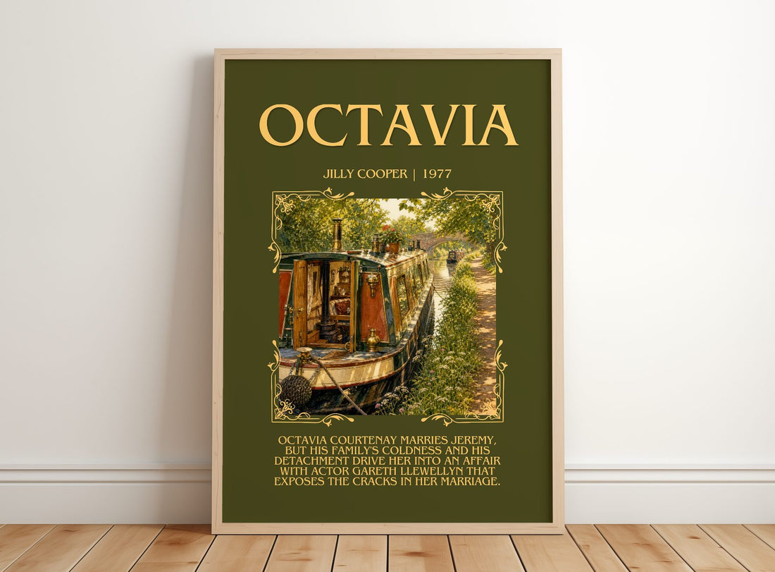 Octavia Minimalist Book Poster by Jilly Cooper – framed print leaning on a wooden floor