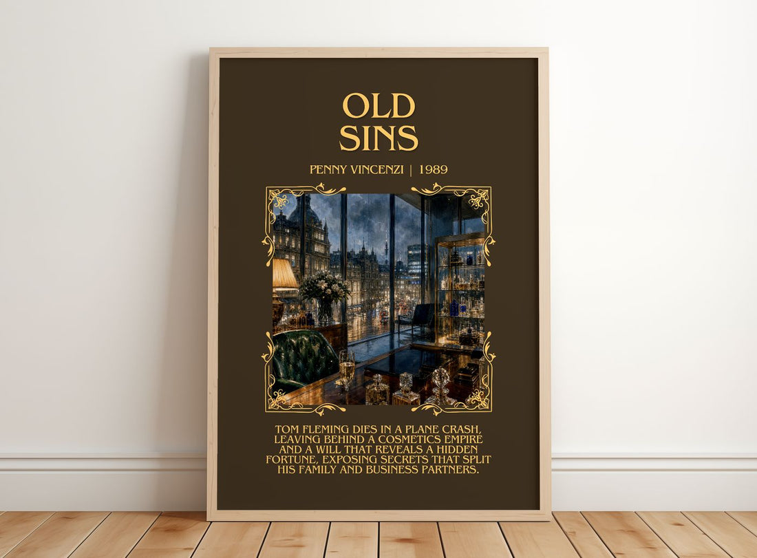 Old Sins Minimalist Book Poster by Penny Vincenzi – framed print leaning on a wooden floor