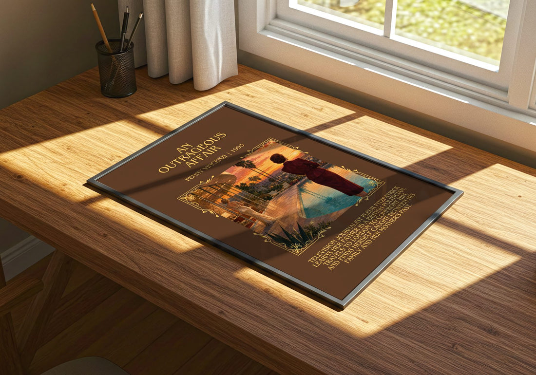 An Outrageous Affair Minimalist Book Poster by Penny Vincenzi – print on a sunlit desk