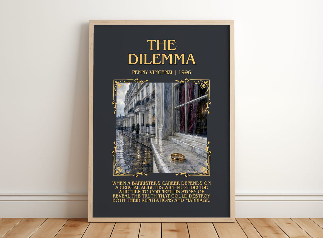 The Dilemma Minimalist Book Poster by Penny Vincenzi – framed print leaning on a wooden floor
