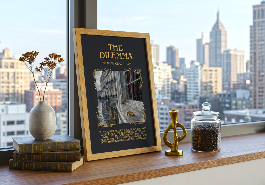 The Dilemma Minimalist Book Poster by Penny Vincenzi – framed print on a city-view windowsill