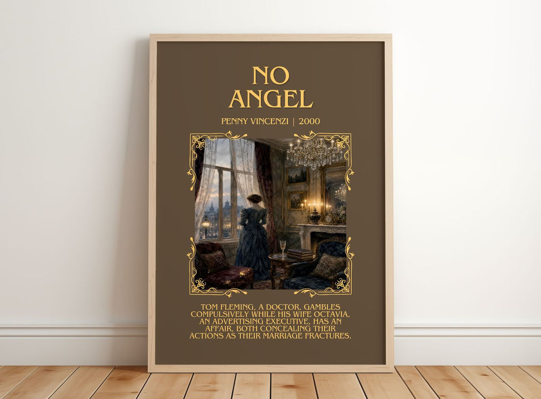 No Angel Minimalist Book Poster by Penny Vincenzi – framed print leaning on a wooden floor