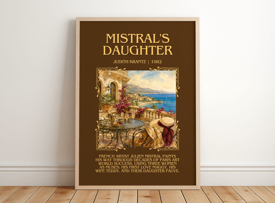 Mistral's Daughter Minimalist Book Poster by Judith Krantz – framed print leaning on a wooden floor