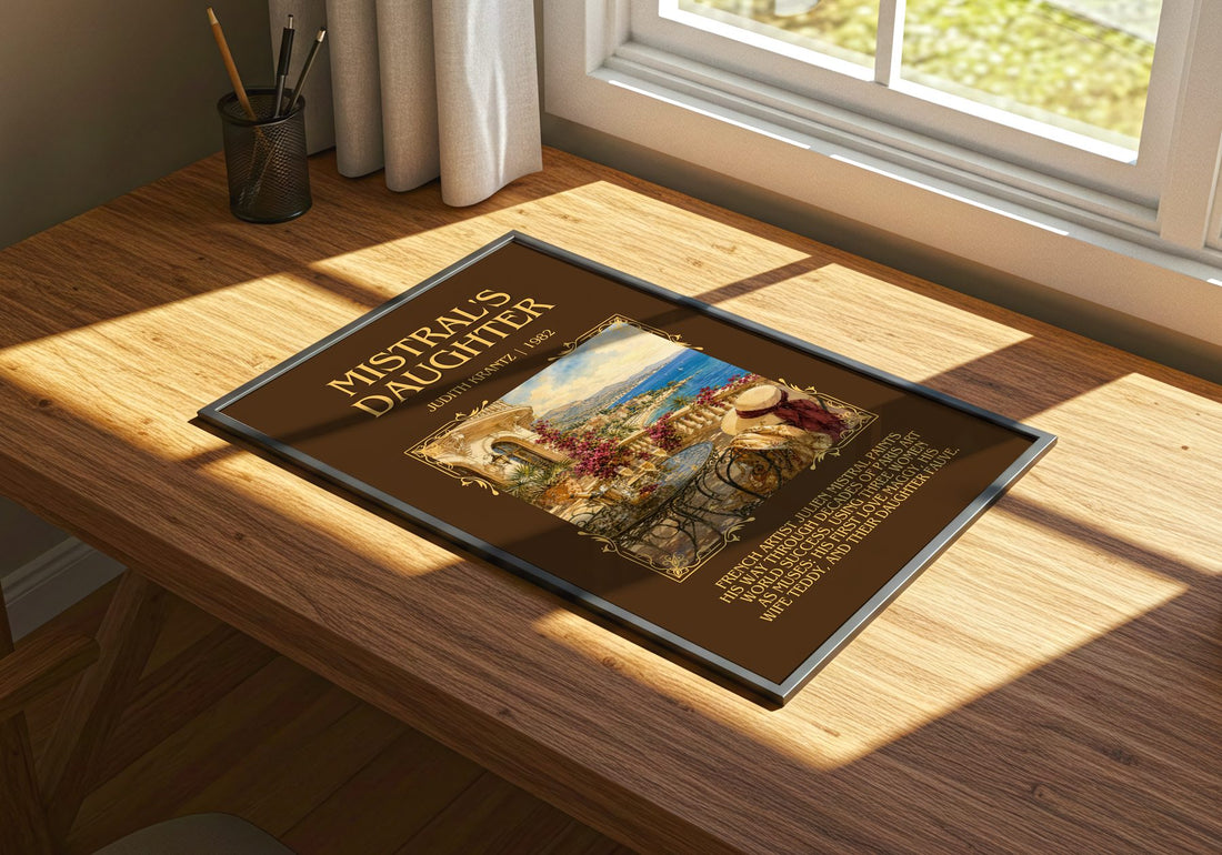 Mistral's Daughter Minimalist Book Poster by Judith Krantz – print on a sunlit desk