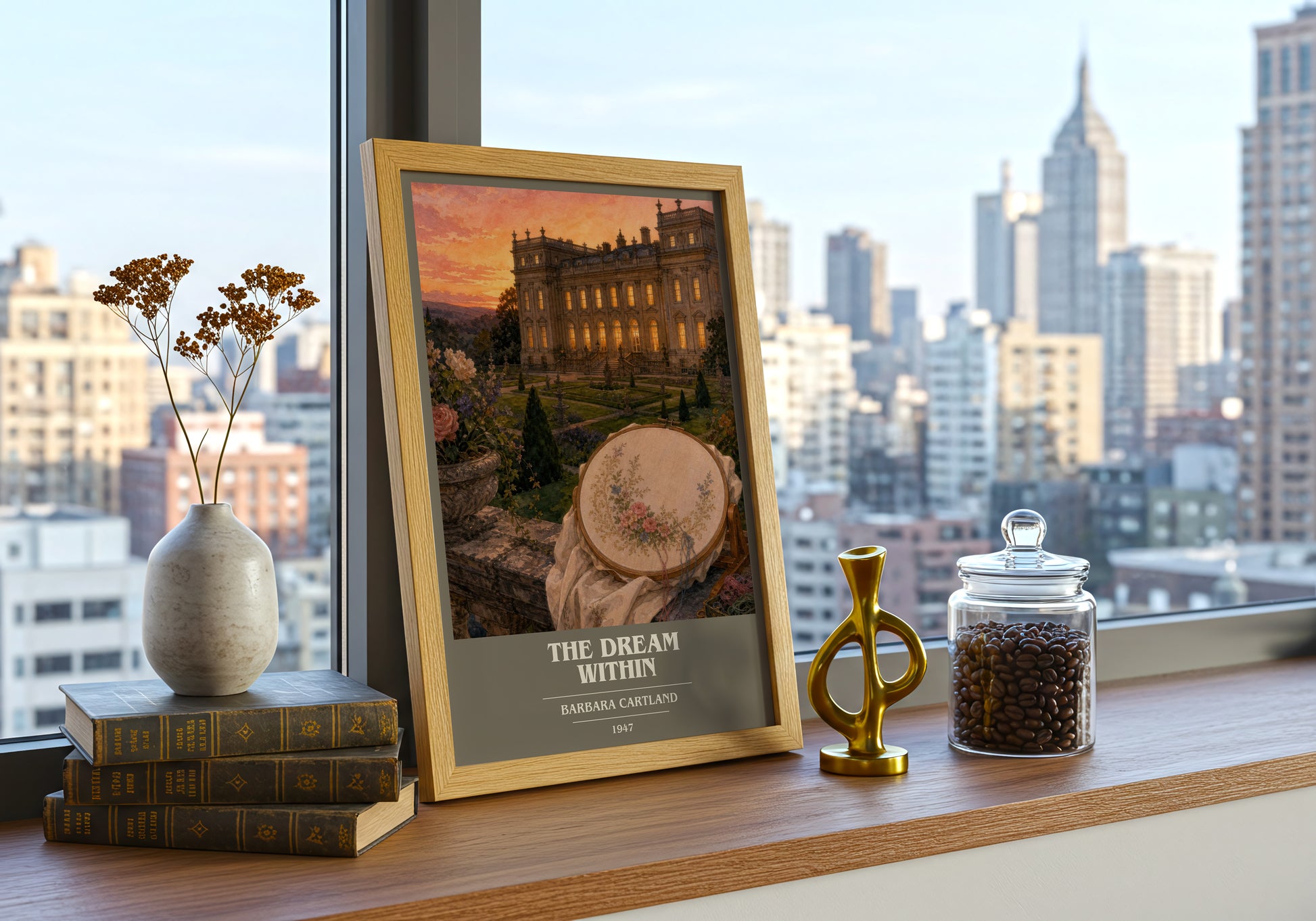 The Dream Within book cover print framed by window – literary home decor