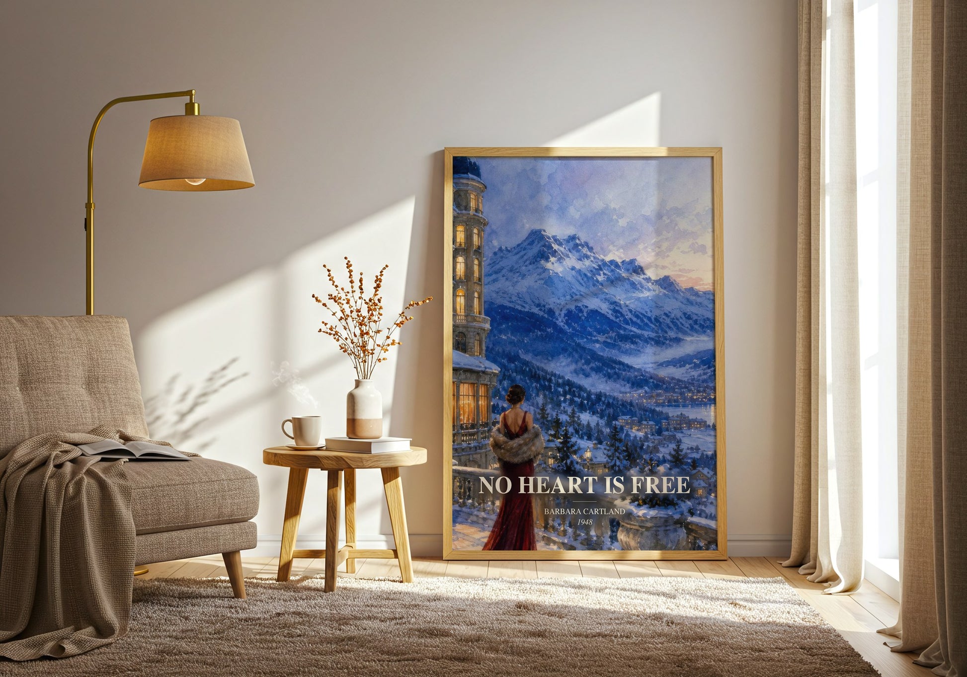 No Heart Is Free watercolour print in frame leaning in hallway – romance wall art