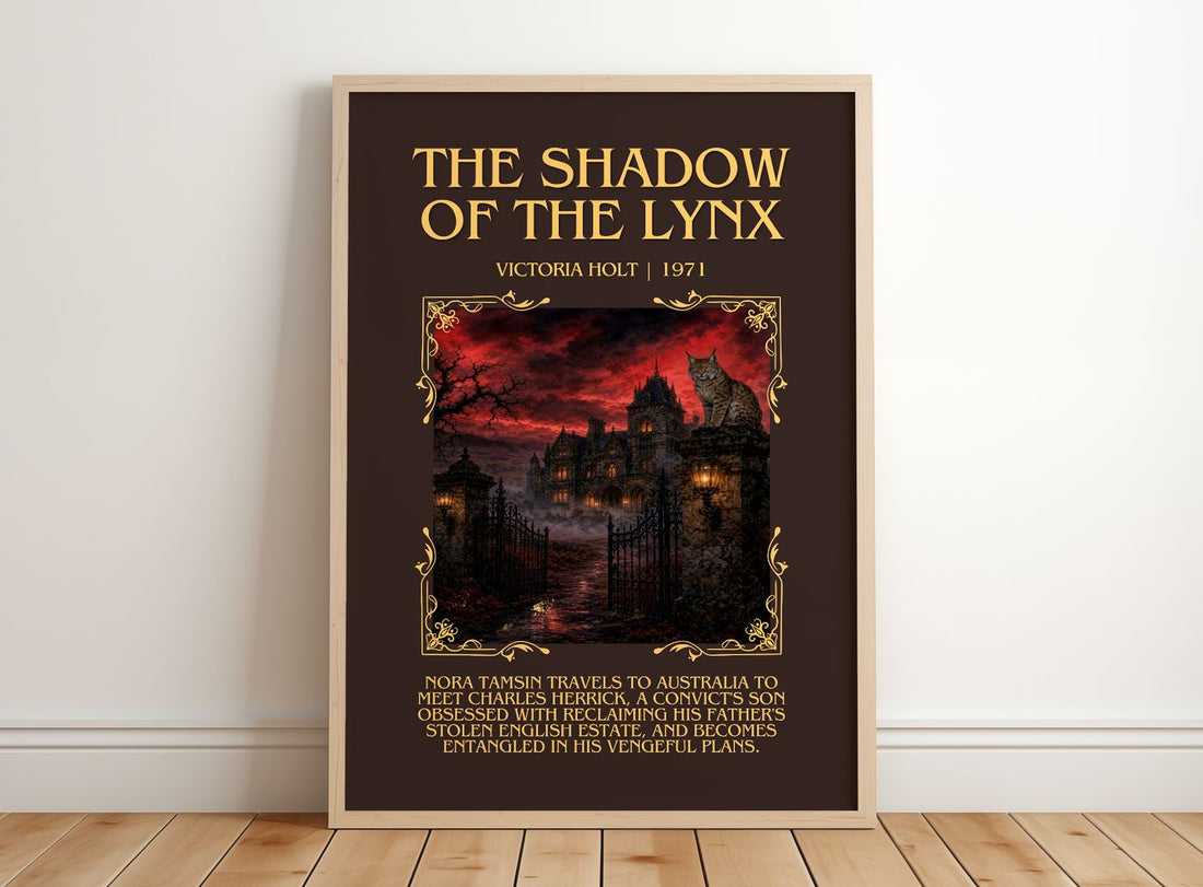The Shadow of the Lynx Minimalist Book Poster by Victoria Holt – framed print leaning on a wooden floor
