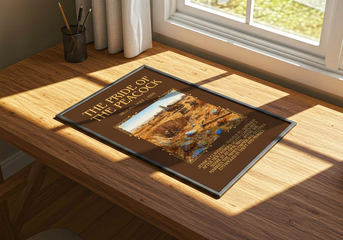 The Pride of the Peacock Minimalist Book Poster by Victoria Holt – print on a sunlit desk