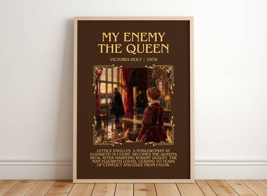 My Enemy the Queen Minimalist Book Poster by Victoria Holt – framed print leaning on a wooden floor