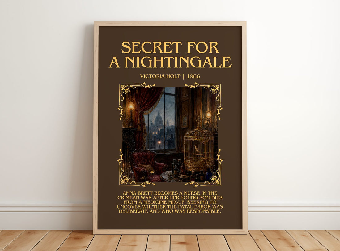 Secret for a Nightingale Minimalist Book Poster by Victoria Holt – framed print leaning on a wooden floor