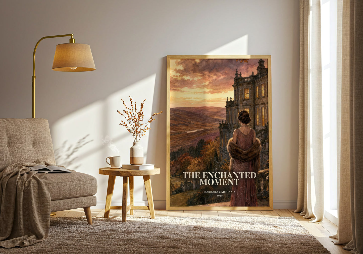 The Enchanted Moment watercolour print in frame leaning in hallway – romance wall art