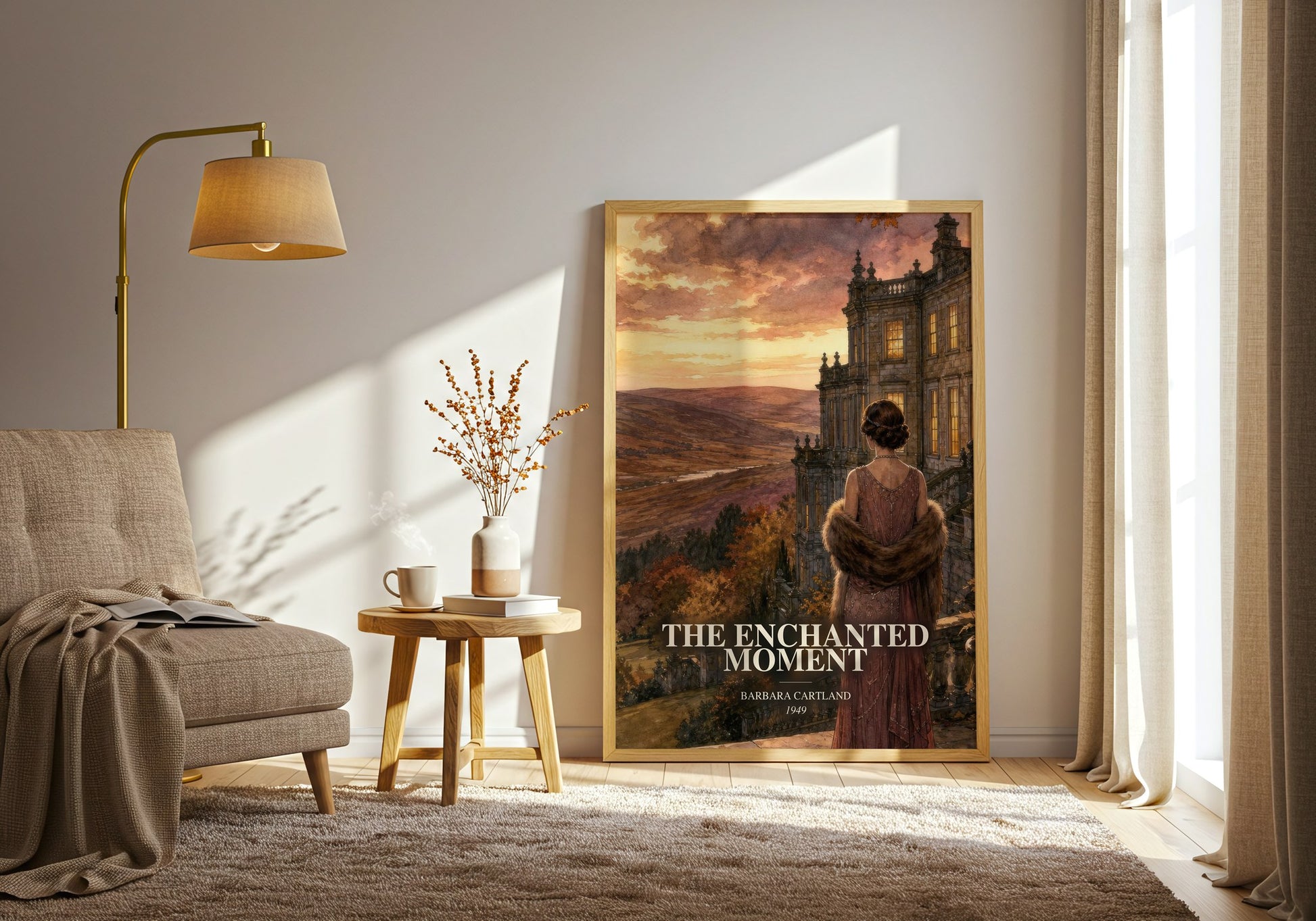 The Enchanted Moment watercolour print in frame leaning in hallway – romance wall art