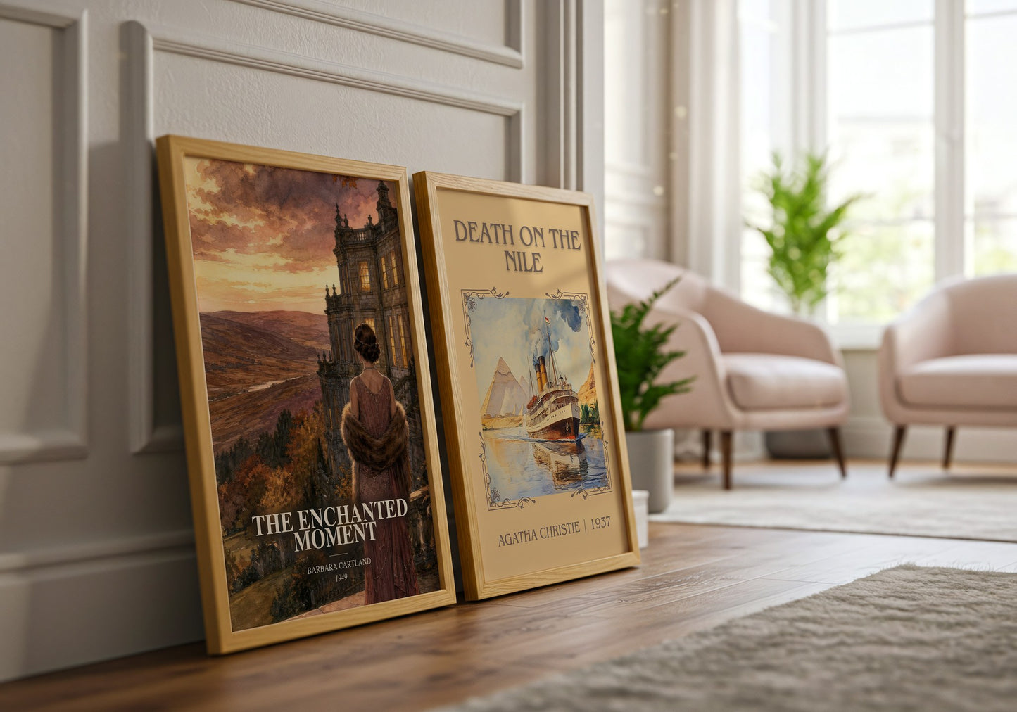 The Enchanted Moment watercolour print framed by window – literary home decor