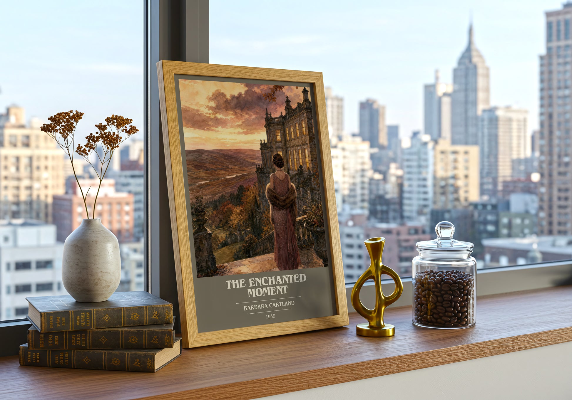 The Enchanted Moment book cover print framed by window – literary home decor