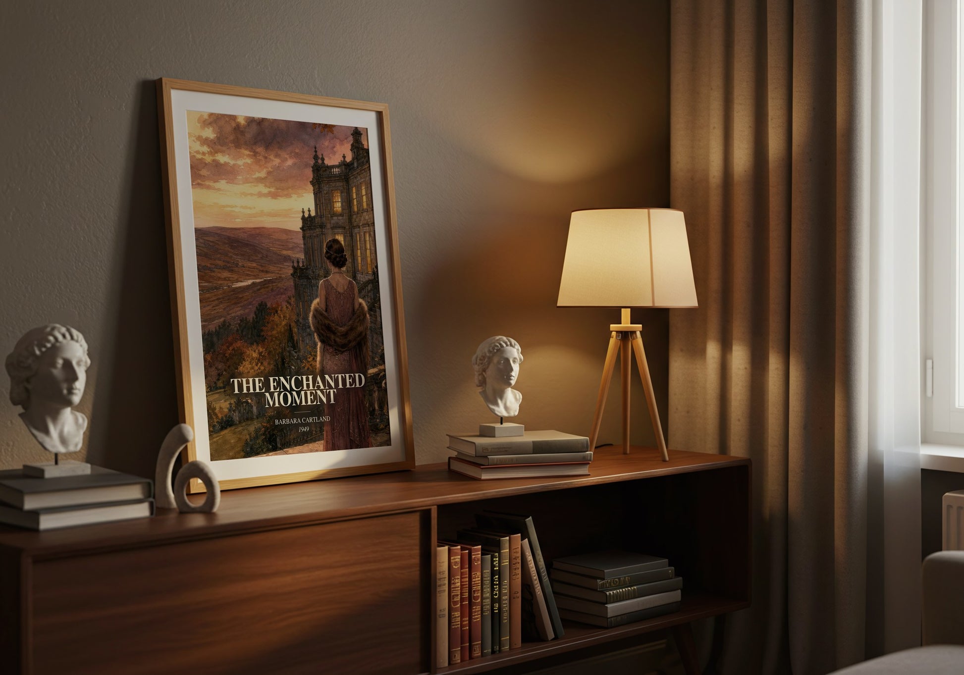 The Enchanted Moment watercolour print on bookshelf – Barbara Cartland fan gift