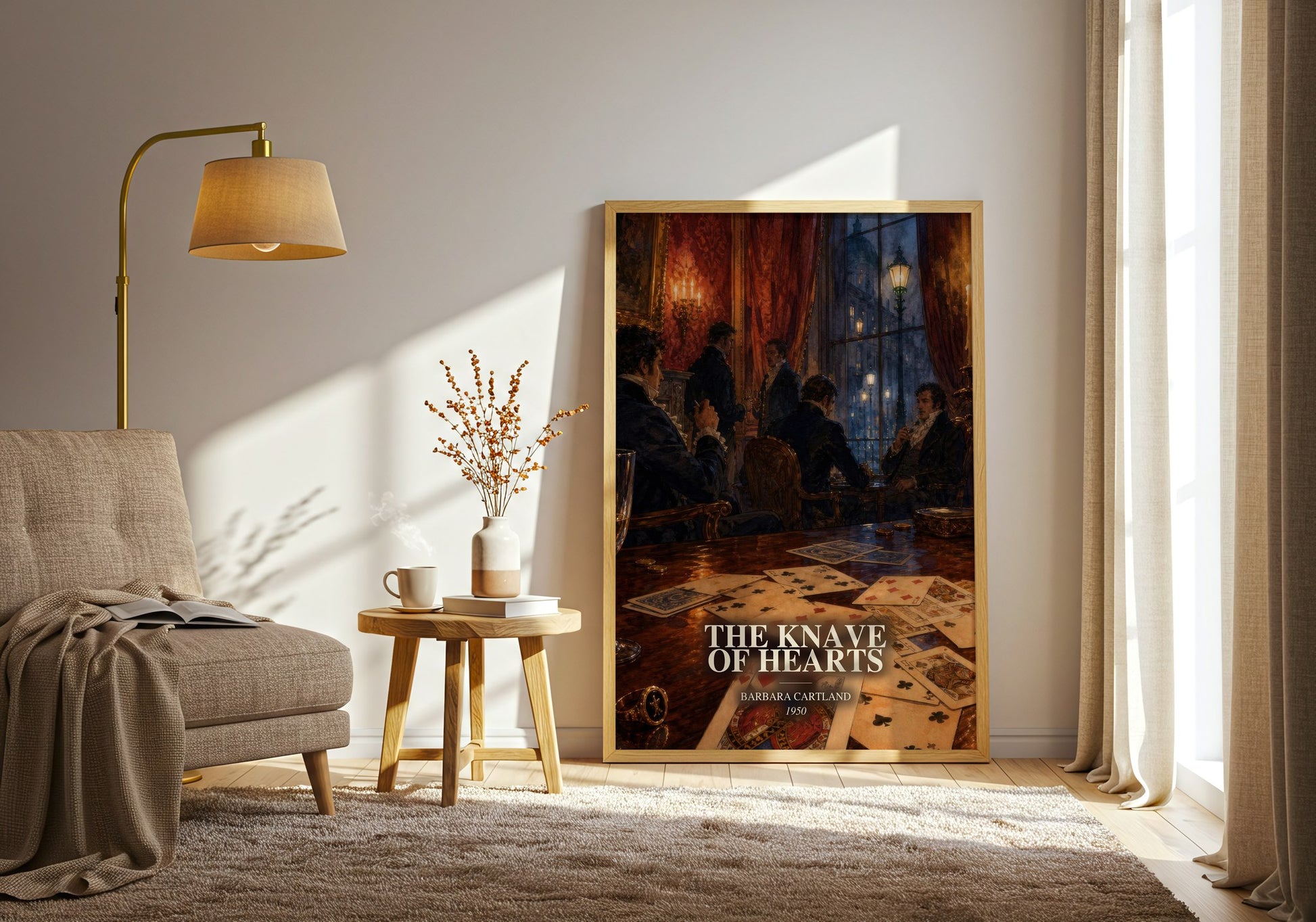 The Knave Of Hearts watercolour print in frame leaning in hallway – romance wall art