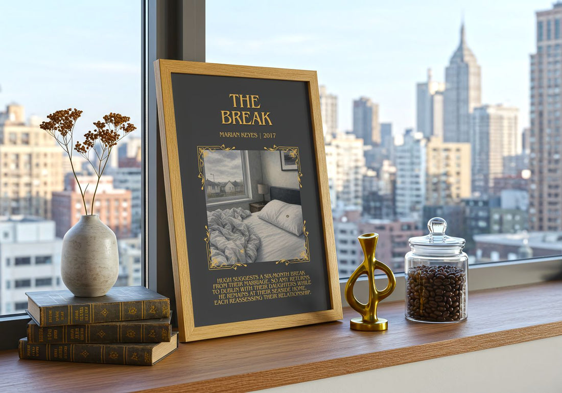 The Break Minimalist Book Poster by Marian Keyes – framed print on a city-view windowsill