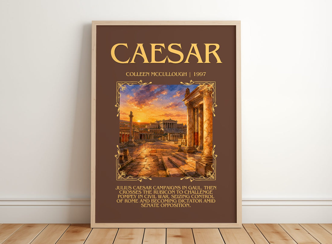 Caesar Minimalist Book Poster by Colleen McCullough – framed print leaning on a wooden floor