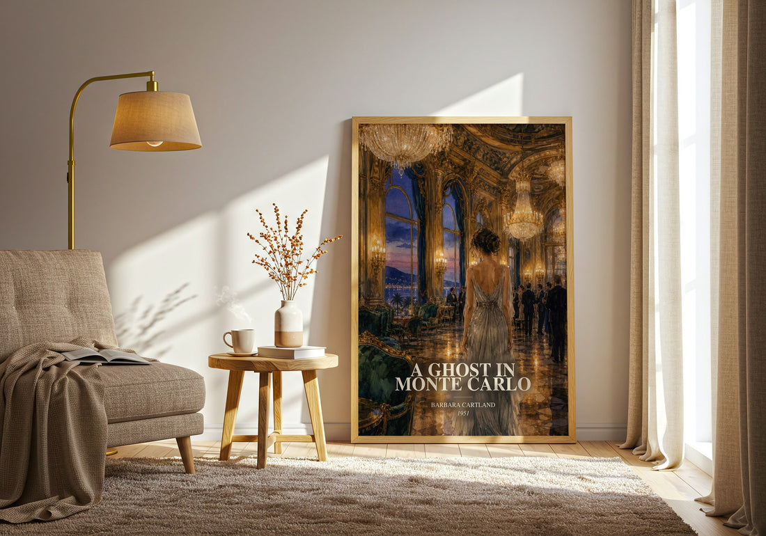 A Ghost In Monte Carlo watercolour print in frame leaning in hallway – romance wall art (mockup)