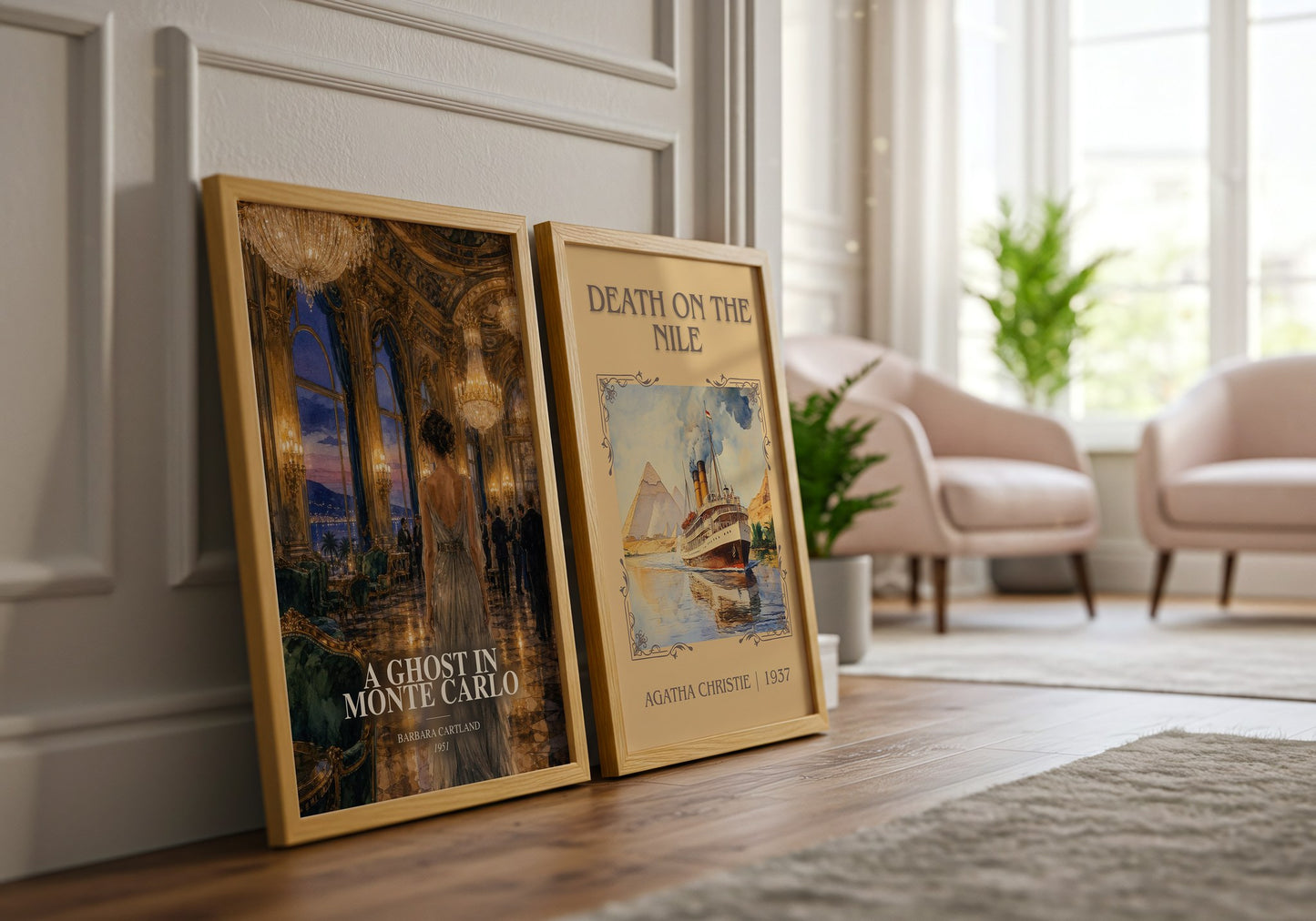 A Ghost In Monte Carlo watercolour print framed by window – literary home decor