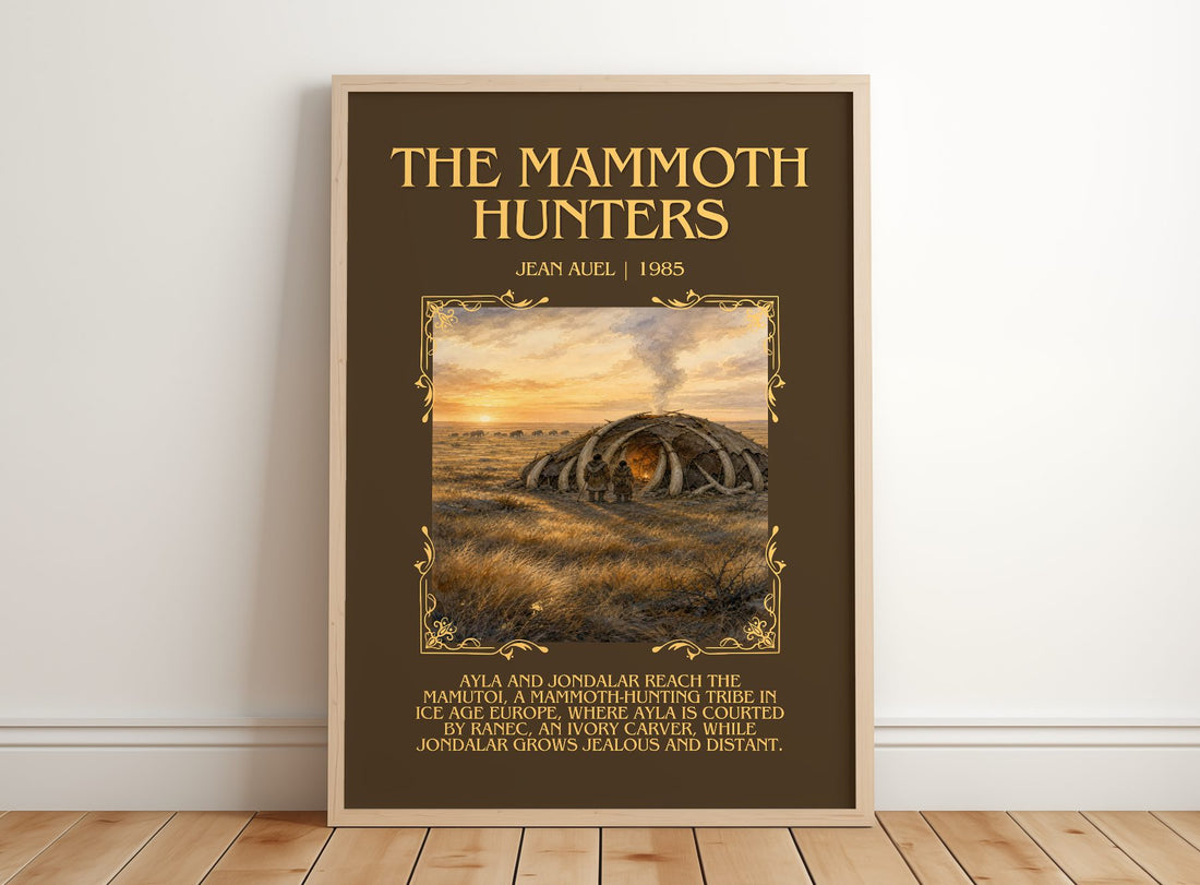 The Mammoth Hunters Minimalist Book Poster by Jean Auel – framed print leaning on a wooden floor