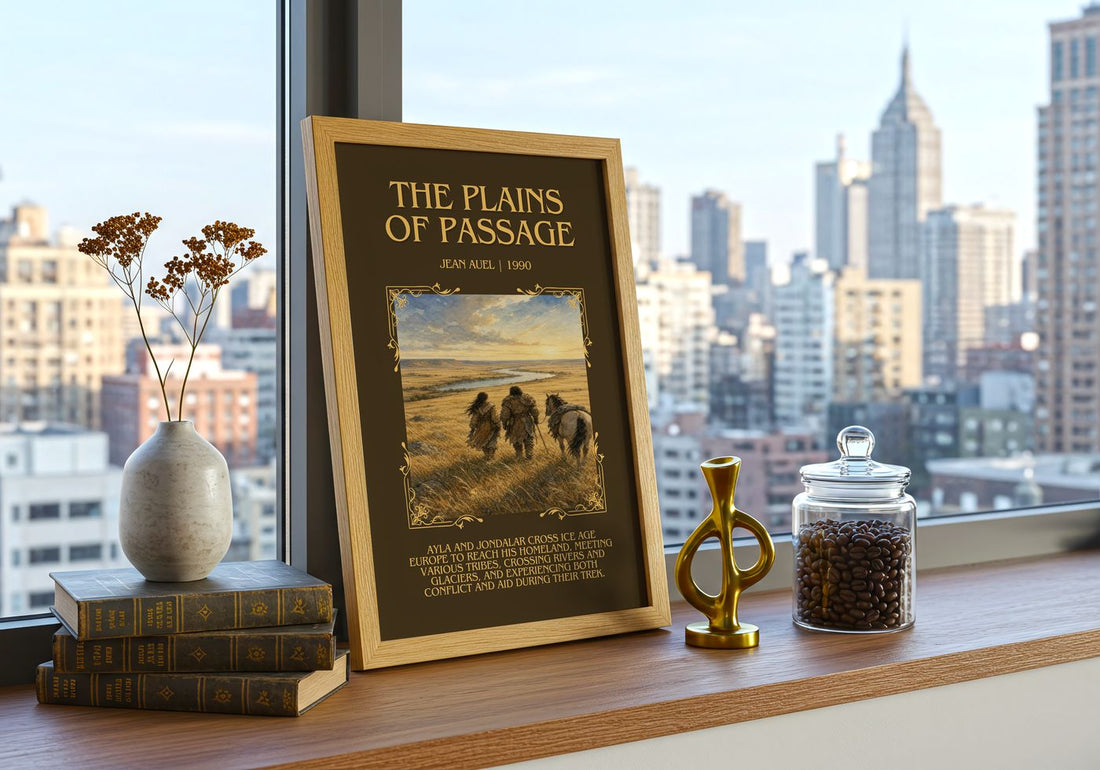 The Plains of Passage Minimalist Book Poster by Jean Auel – framed print on a city-view windowsill