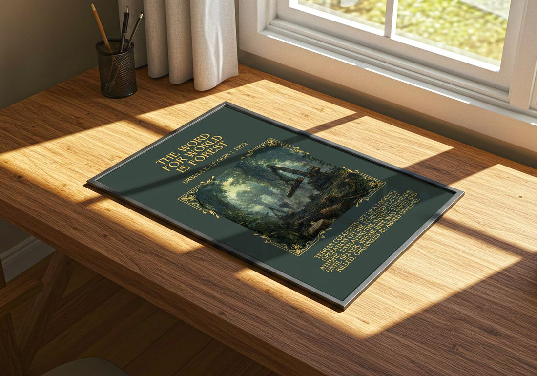 Word for World Is Forest Minimalist Book Poster by Ursula K. Le Guin – print on a sunlit desk