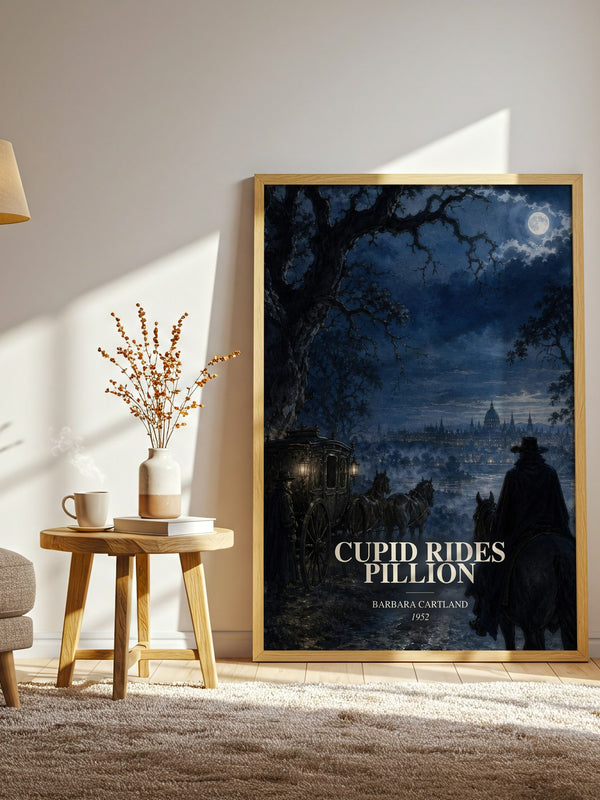 Cupid Rides Pillion watercolour print in frame leaning in hallway – historical fiction wall art