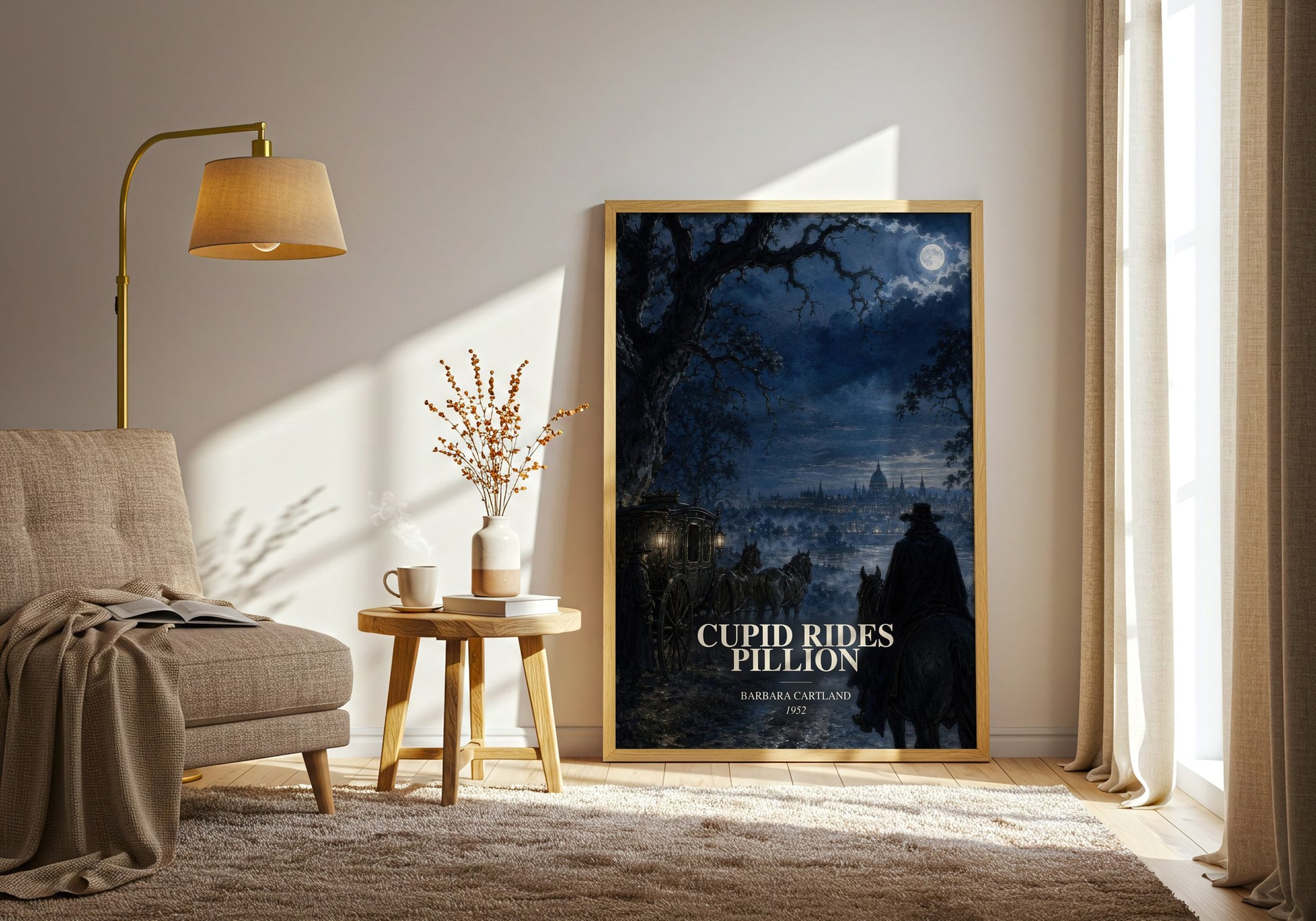 Cupid Rides Pillion watercolour print in frame leaning in hallway – historical fiction wall art
