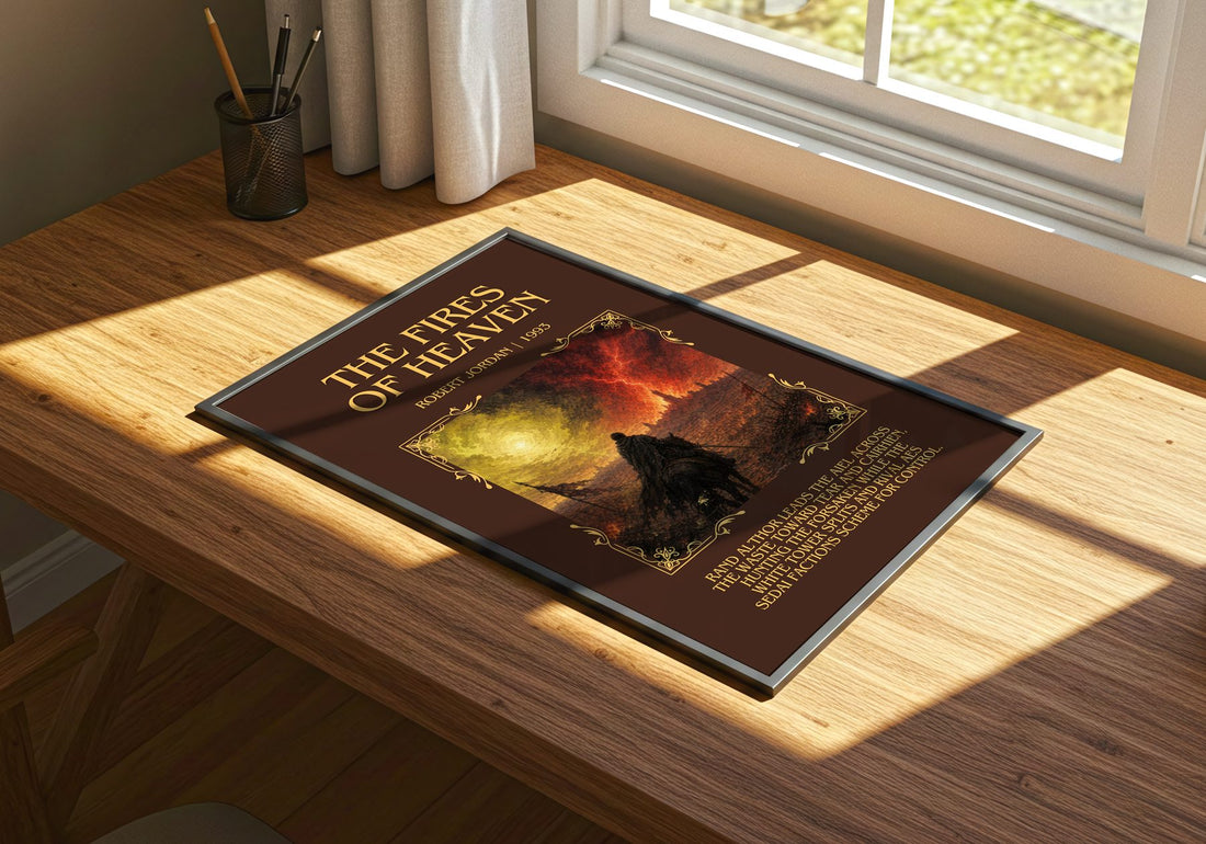 The Fires of Heaven Minimalist Book Poster by Robert Jordan – print on a sunlit desk