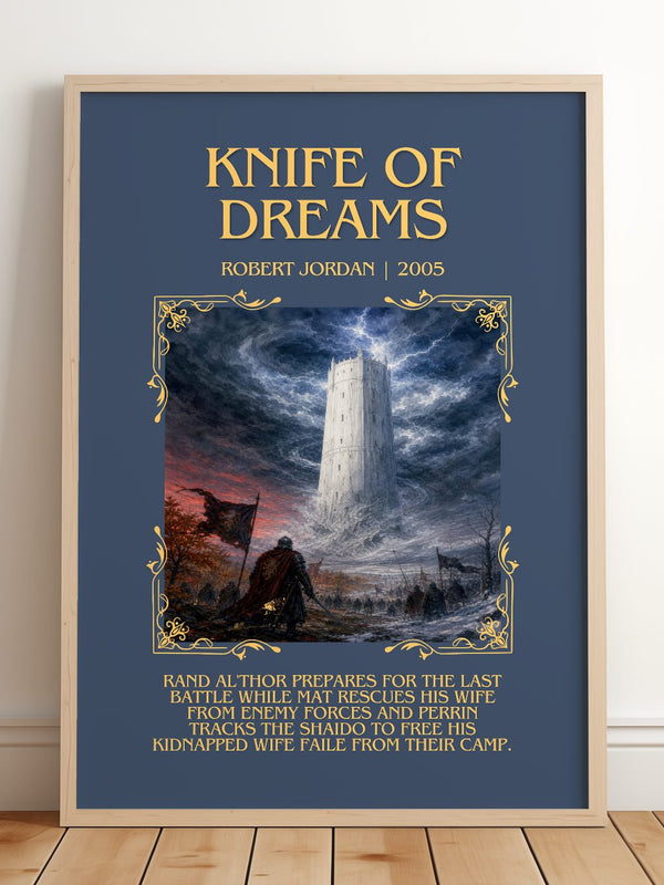 Knife of Dreams Minimalist Book Poster by Robert Jordan – framed print leaning on a wooden floor
