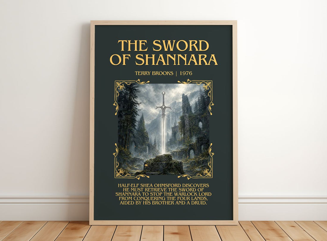 The Sword of Shannara Minimalist Book Poster by Terry Brooks – framed print leaning on a wooden floor