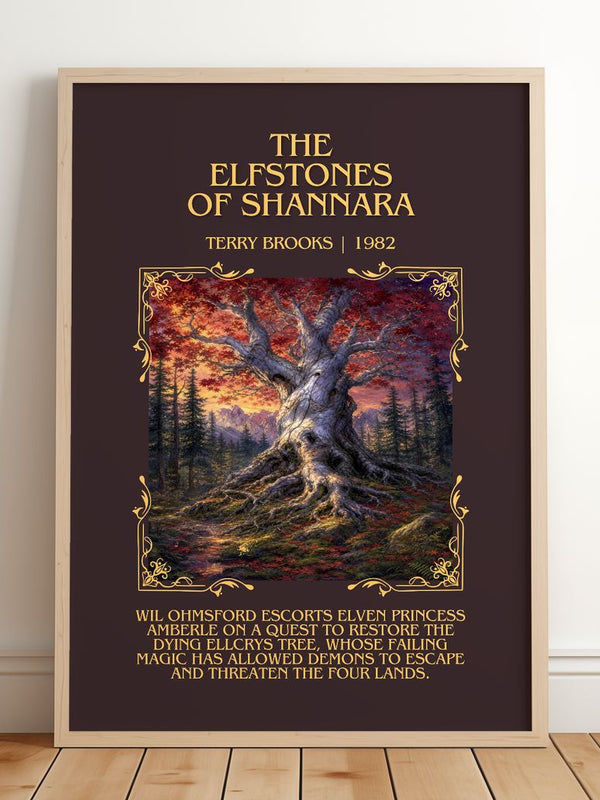 The Elfstones of Shannara Minimalist Book Poster by Terry Brooks – framed print leaning on a wooden floor
