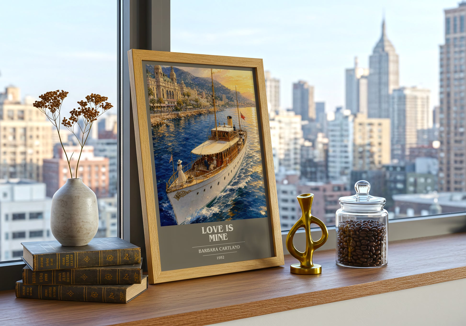 Love Is Mine book cover print framed by window – literary home decor