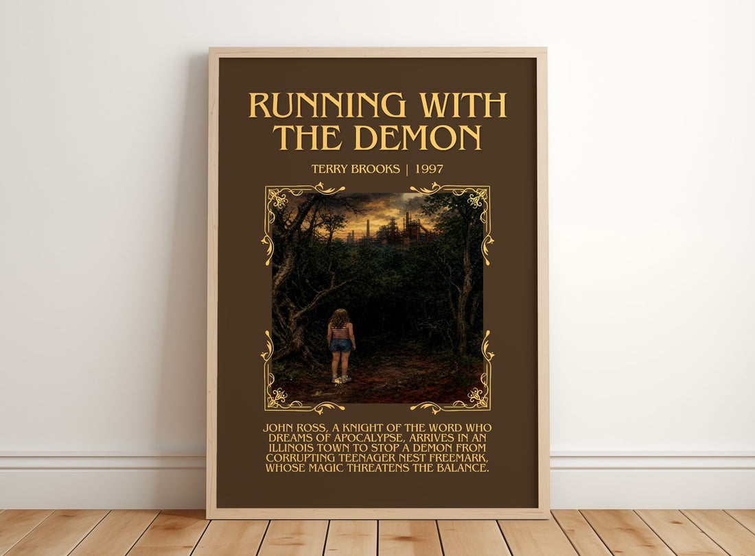 Running with the Demon Minimalist Book Poster by Terry Brooks – framed print leaning on a wooden floor