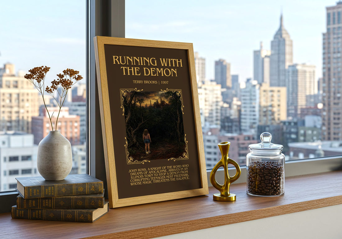 Running with the Demon Minimalist Book Poster by Terry Brooks – framed print on a city-view windowsill