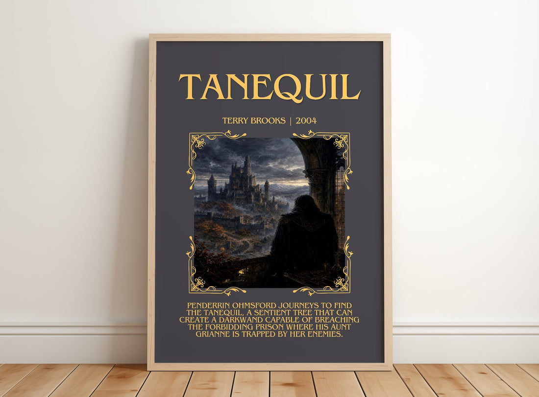 Tanequil Minimalist Book Poster by Terry Brooks – framed print leaning on a wooden floor