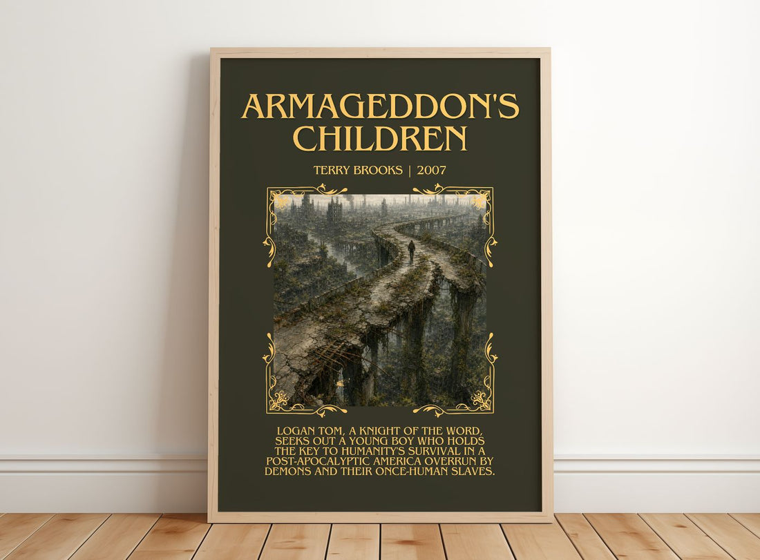 Armageddon's Children Minimalist Book Poster by Terry Brooks – framed print leaning on a wooden floor