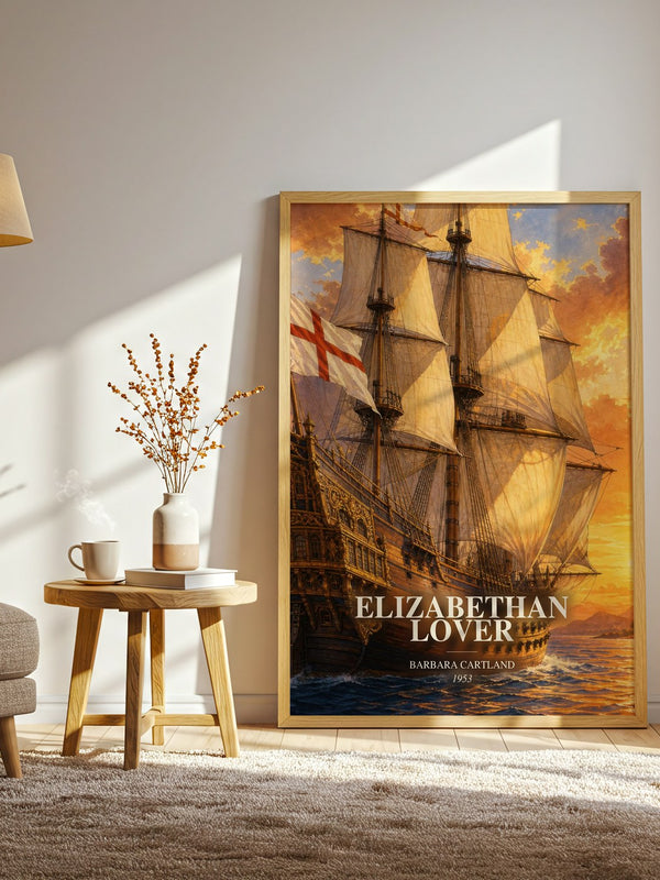 Elizabethan Lover watercolour print in frame leaning in hallway – historical fiction wall art