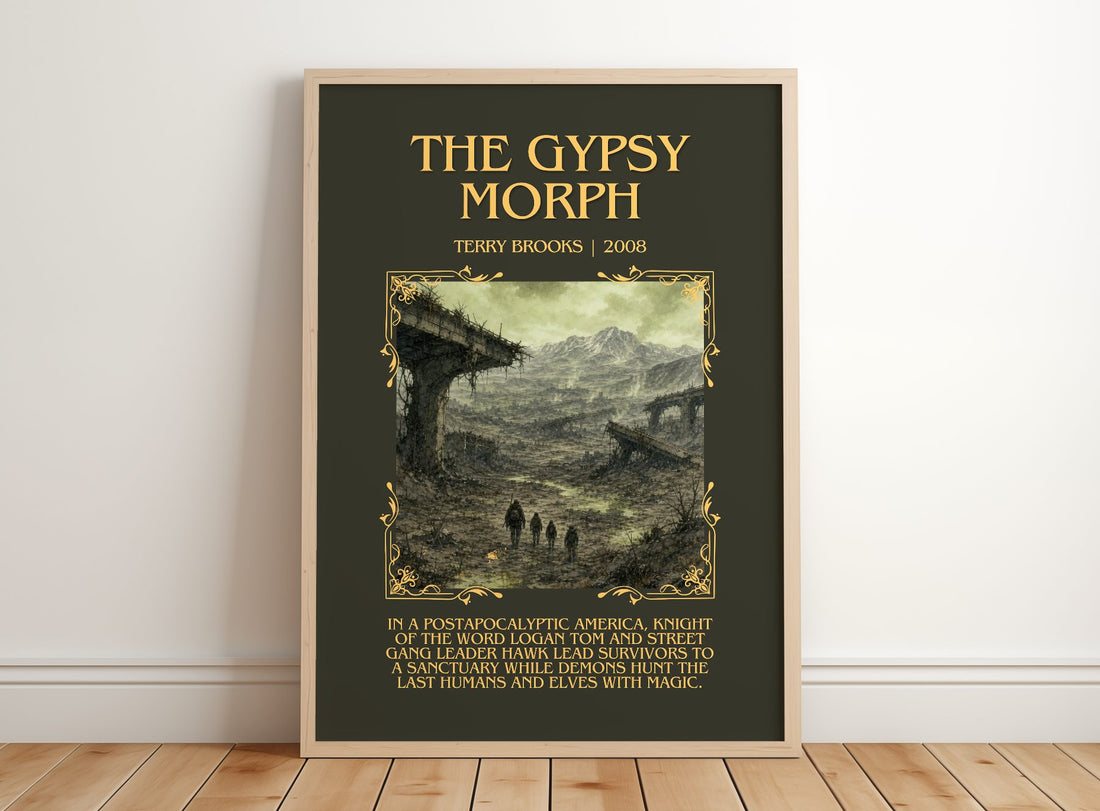 The Gypsy Morph Minimalist Book Poster by Terry Brooks – framed print leaning on a wooden floor