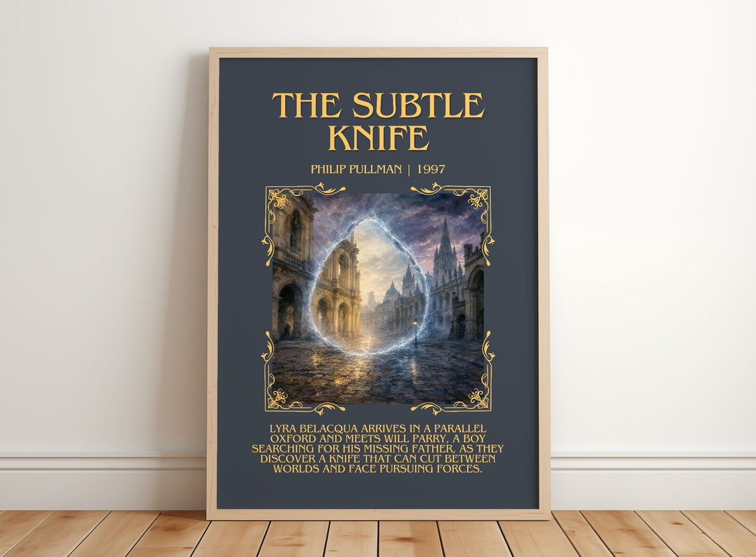 The Subtle Knife Minimalist Book Poster by Philip Pullman – framed print leaning on a wooden floor