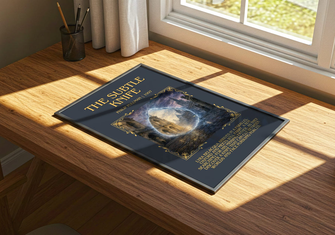 The Subtle Knife Minimalist Book Poster by Philip Pullman – print on a sunlit desk