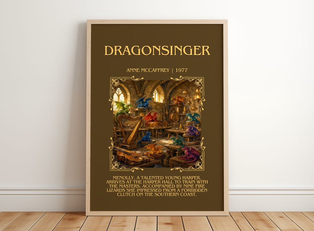 Dragonsinger Minimalist Book Poster by Anne McCaffrey – framed print leaning on a wooden floor