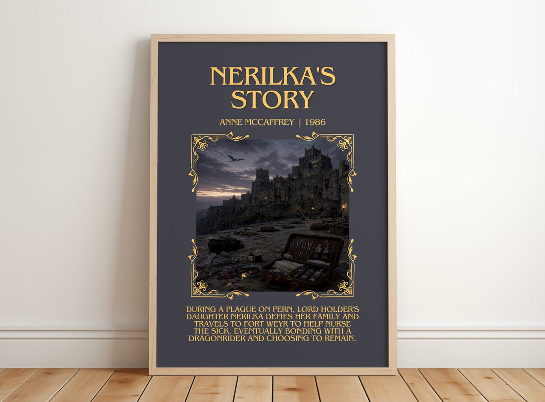 Nerilka's Story Minimalist Book Poster by Anne McCaffrey – framed print leaning on a wooden floor