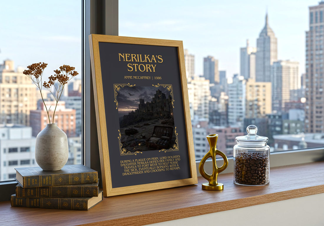 Nerilka's Story Minimalist Book Poster by Anne McCaffrey – framed print on a city-view windowsill
