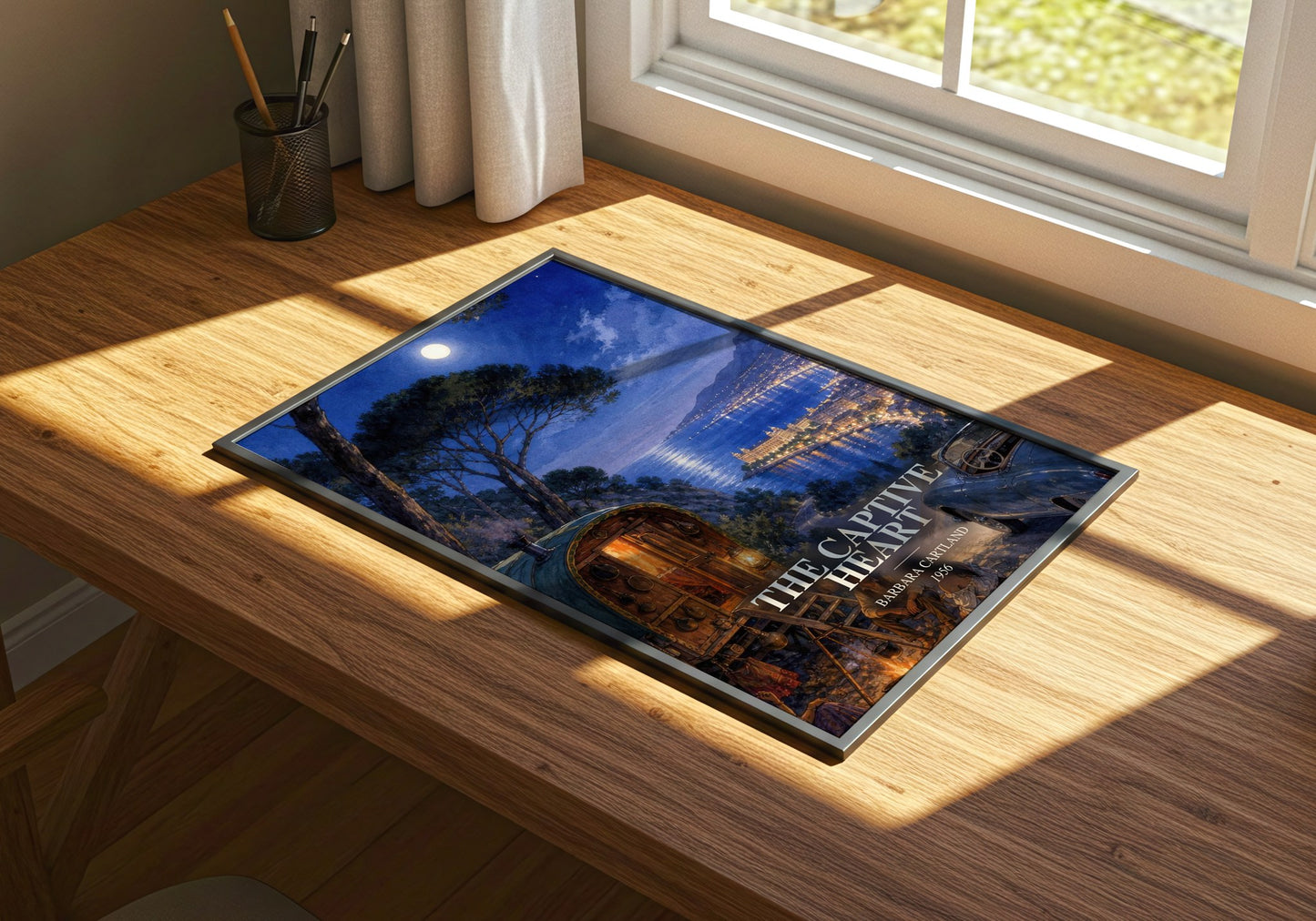 The Captive Heart watercolour book poster framed on wall – romance wall art