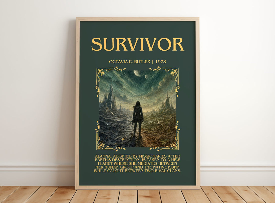 Survivor Minimalist Book Poster by Octavia E. Butler – framed print leaning on a wooden floor