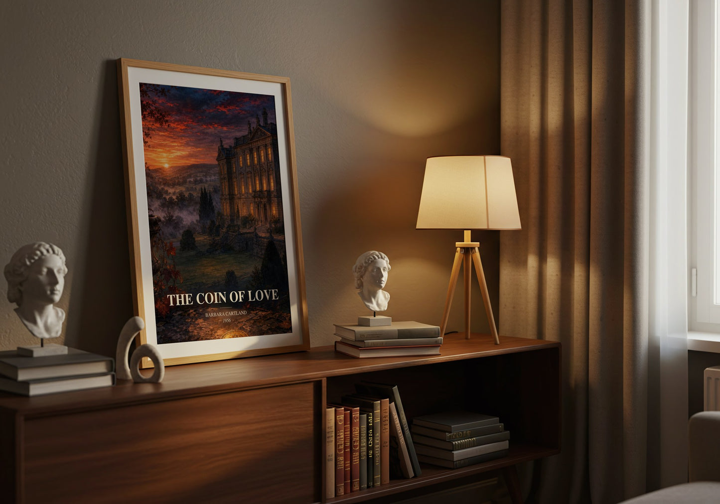 The Coin Of Love watercolour print on bookshelf – Barbara Cartland fan gift