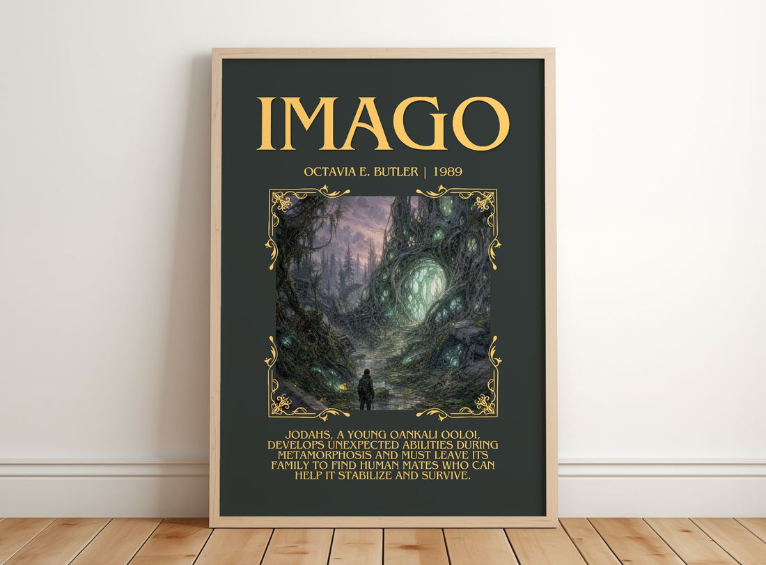 Imago Minimalist Book Poster by Octavia E. Butler – framed print leaning on a wooden floor